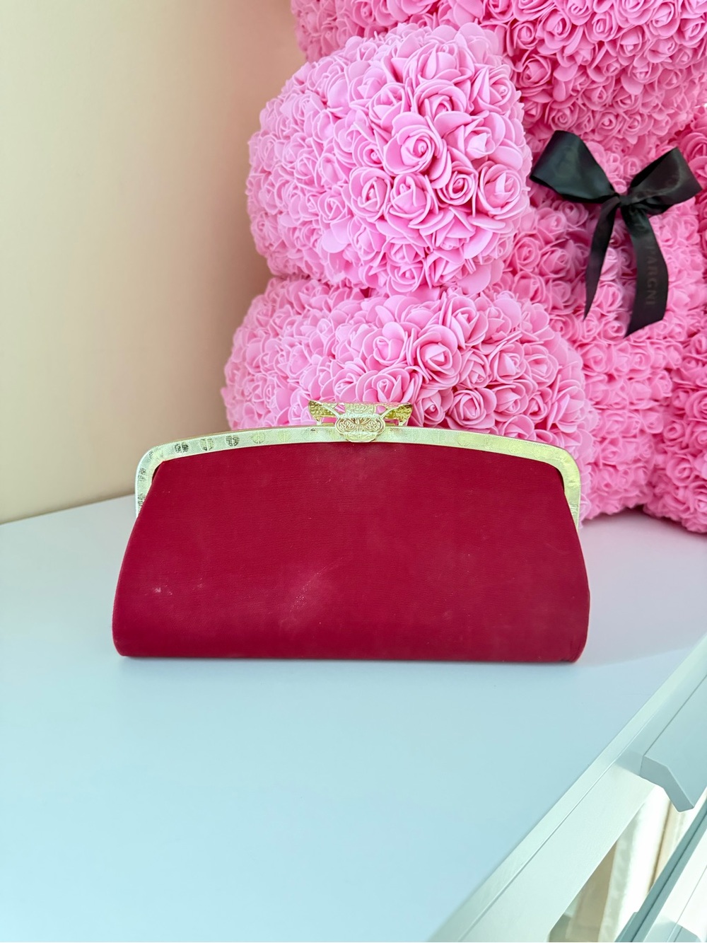 Elegant Red Suede Clutch with Gold Frame